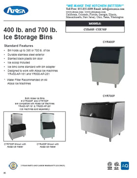 View the Atosa CYR400P 30-inch 396 lb ice storage bin spec sheet (PDF) with dimensions and specifications