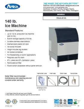 View the Atosa YR140-AP-161 undercounter ice machine spec sheet (PDF), 142 lb/24 hr, with dimensions and electrical data