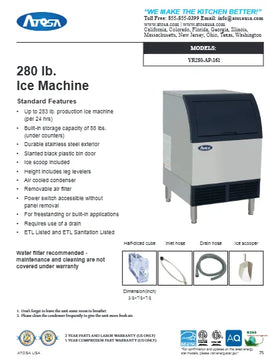 View the Atosa YR280-AP-161 undercounter ice machine spec sheet (PDF), 283 lb/24 hr, with dimensions and electrical data