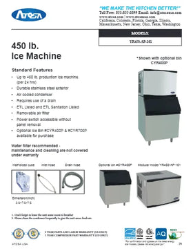 View the Atosa YR450-AP-161 30-inch 460 lb modular ice machine spec sheet (PDF) with dimensions and electrical data
