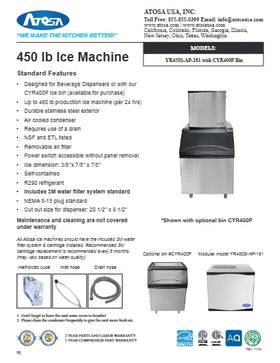 View the Atosa YR450S-AP-161 22-inch slim 460 lb modular ice machine spec sheet (PDF) with dimensions and electrical data