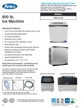 View the Atosa YR800-AP-261 30-inch 810 lb modular ice machine spec sheet (PDF) with dimensions and electrical data