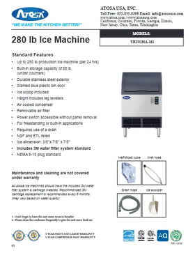 View the Atosa YRU0280A-161 undercounter ice machine spec sheet (PDF), 280 lb/24 hr, with dimensions and electrical data