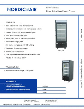 View the Nordic Air GFM-12C 25-inch single swing glass door display freezer spec sheet (PDF) with features and dimensions