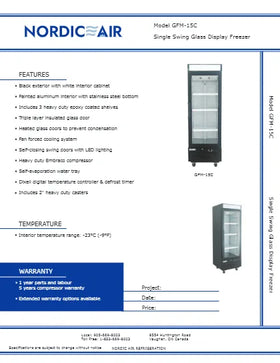 View the Nordic Air GFM-15C 25-inch single swing glass door display freezer spec sheet (PDF) with features and dimensions