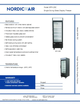 View the Nordic Air GFM-25C 28-inch single swing glass door display freezer spec sheet (PDF) with features and dimensions