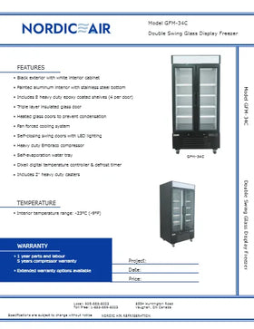 View the Nordic Air GFM-34C 40-inch double swing glass door display freezer spec sheet (PDF) with features and dimensions