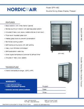 View the Nordic Air GFM-48C 54-inch double swing glass door display freezer spec sheet (PDF) with features and dimensions