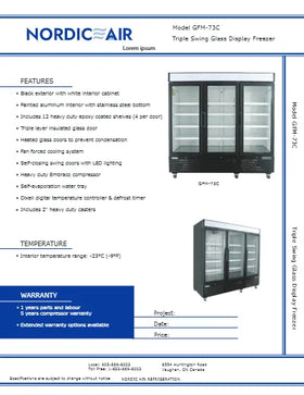 View the Nordic Air GFM-73C 81-inch triple swing glass door display freezer spec sheet (PDF) with features and dimensions