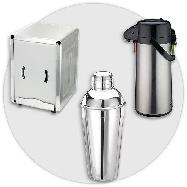 Table service supplies including beverage pitchers, trays, bar shakers, and napkin dispensers.