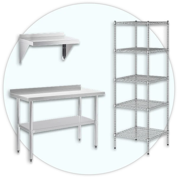 Stainless steel work tables, cabinets, industrial shelving units, and wire shelving racks.
