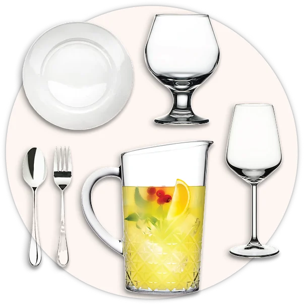 Tableware supplies including flatware, dinnerware plates, glassware, and drinkware.