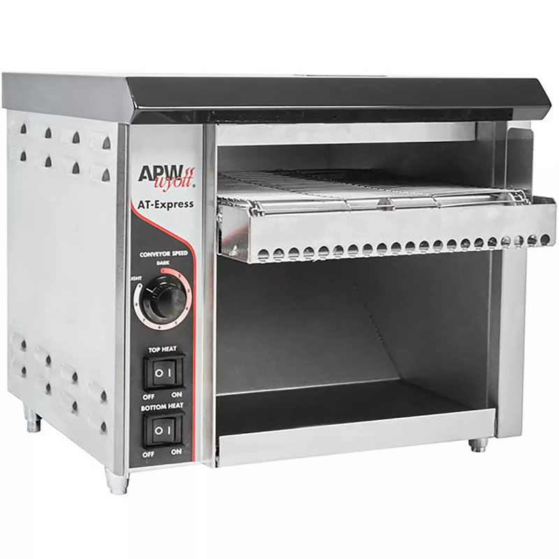 APW Wyott AT Express conveyor toaster in stainless steel with front loading rack and side controls, angled side view