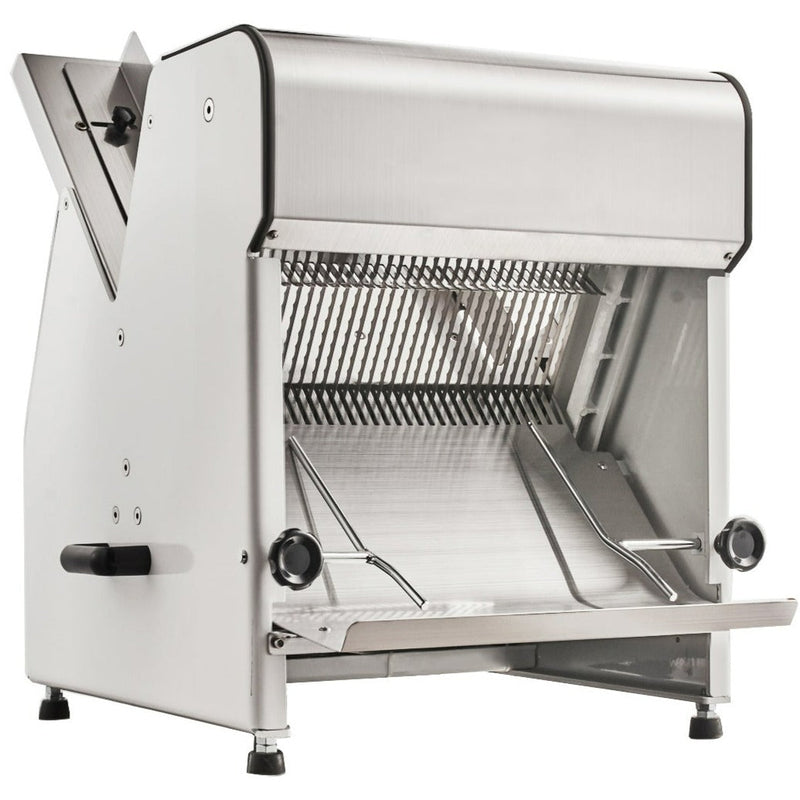 Alpha ABS series stainless steel commercial bread slicer with multiple slicing blades and crumb tray, angled view