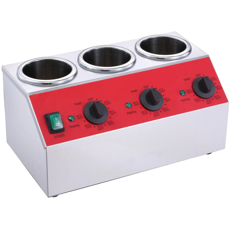 Alpha ABW-3 triple topping bottle warmer with three stainless steel wells and red control panel with three dials