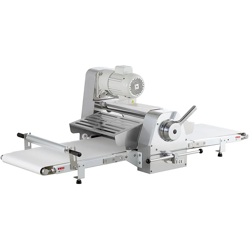 Alpha ACCS-17 countertop reversible conveyor dough sheeter with white conveyor belts extended and stainless frame