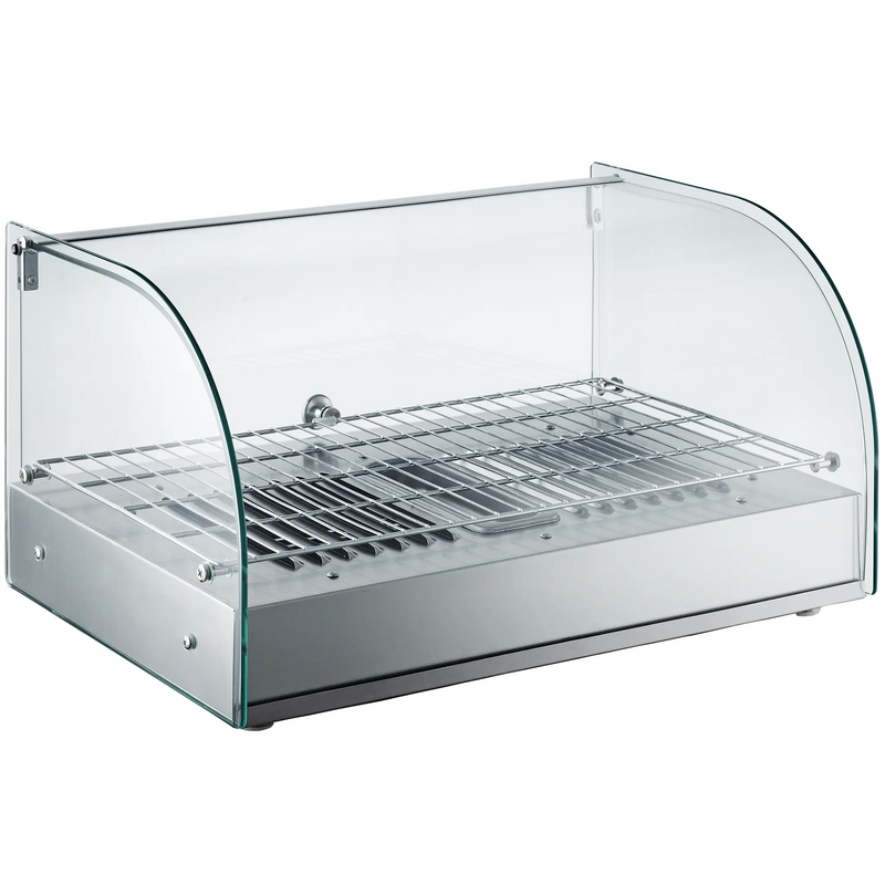 Alpha ACDW-22-1 curved glass display 22-inch food warmer with single wire shelf and stainless base, rear angle