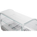 Alpha ACDW-22-2 curved glass display food warmer, close-up of the curved glass front and chrome wire shelves