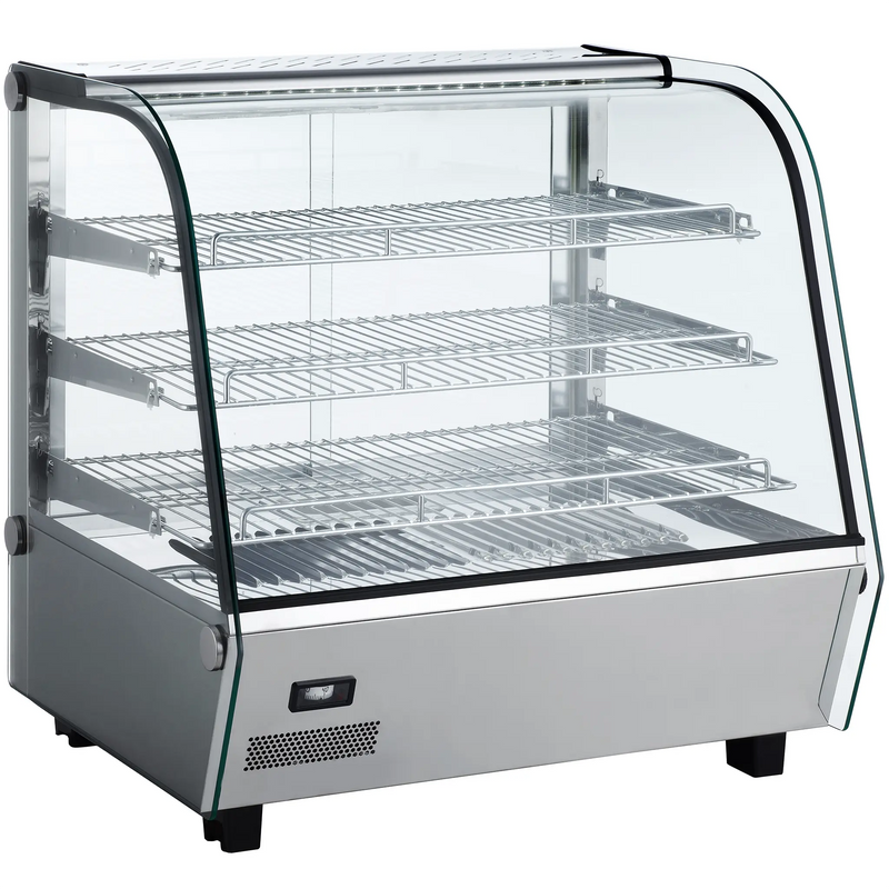 Alpha ACDW-27 27-inch curved glass display food warmer with three wire shelves and stainless steel base, angled view