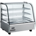 Alpha ACDW-27 27-inch curved glass display food warmer with three wire shelves and stainless steel base, angled view