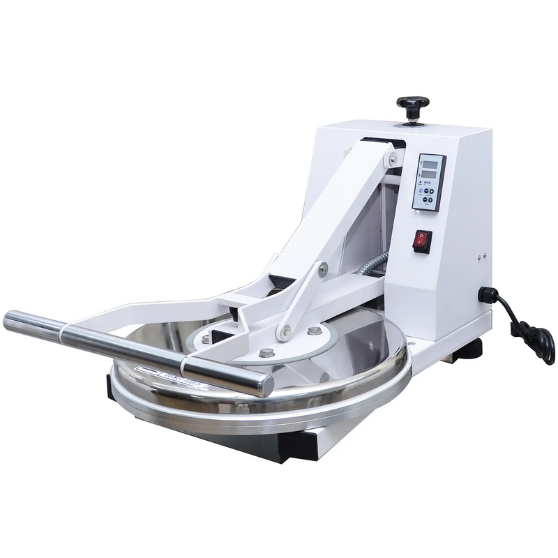 Alpha ADP-18-240 manual pizza dough press in white with stainless steel platens and pull handle, angled view