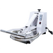 Alpha ADP-18-240 manual pizza dough press in white with stainless steel platens and pull handle, angled view