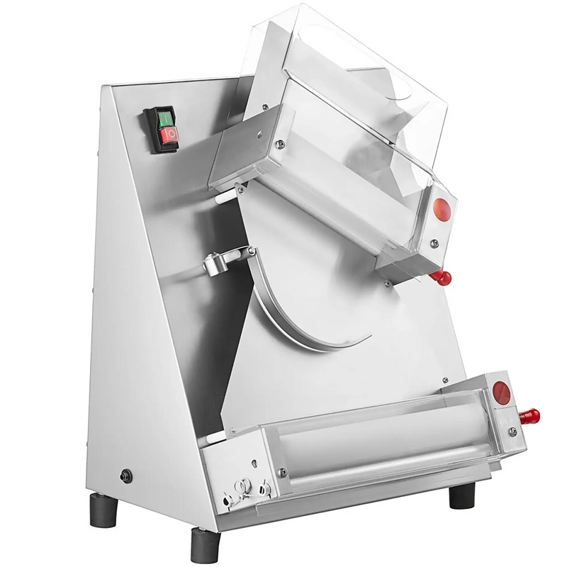 Alpha ADS-12D double pass dough sheeter with 12-inch rollers in stainless steel with clear guard, angled front view