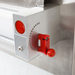 Alpha ADS-12S single pass dough sheeter, close-up of the red roller thickness adjustment lever and graduated dial