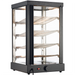 Alpha ADW-79 16-inch square glass display food warmer with black frame, alternate angle showing the tiered shelves