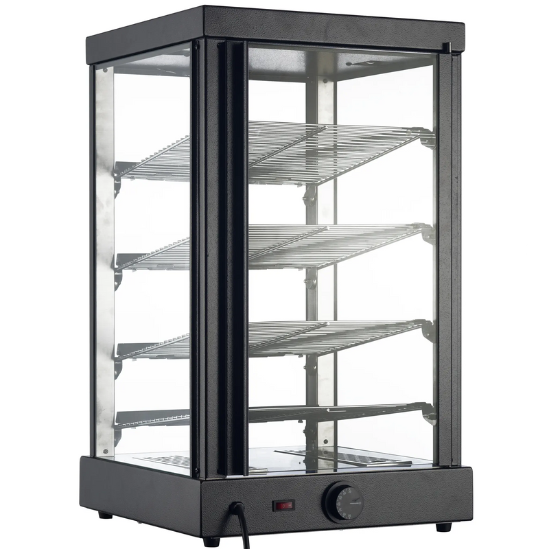 Alpha ADW-79 16-inch square glass display food warmer with black frame and five wire shelves, angled front view