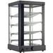 Alpha ADW-79 16-inch square glass display food warmer with black frame and five wire shelves, angled front view
