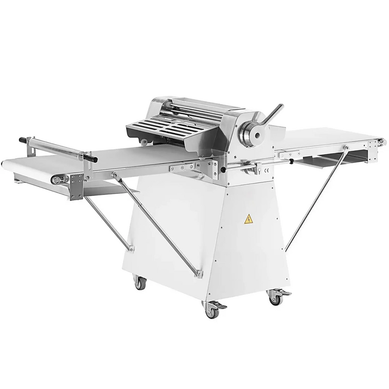 Alpha AFCS-20 floor model reversible conveyor dough sheeter on white stand with casters and tables extended