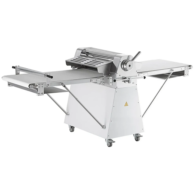 Alpha AFCS-25 floor model reversible conveyor dough sheeter on white stand with casters and tables extended