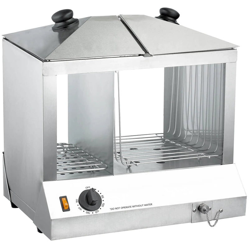 Alpha AHS-200 hot dog steamer and display with stainless steel lids, glass sides, bun compartment and dial control