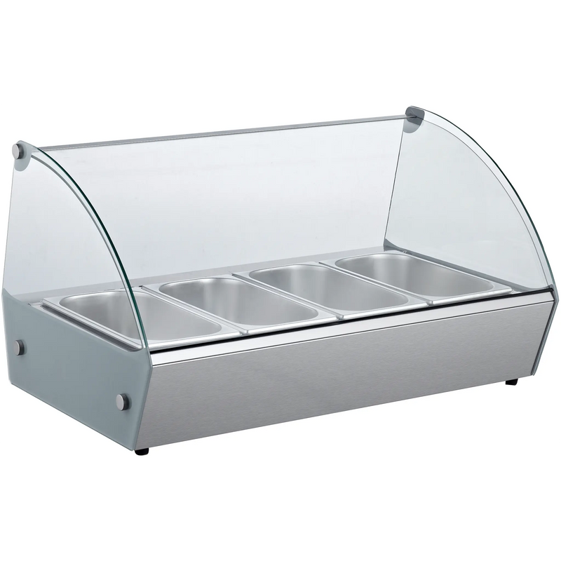 Alpha AHS-31 31-inch countertop hot serving station with curved glass sneeze guard and four steam pans, front view