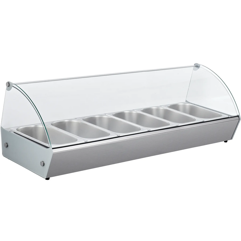 Alpha AHS-45 45-inch countertop hot serving station with curved glass sneeze guard and six steam pans, front view