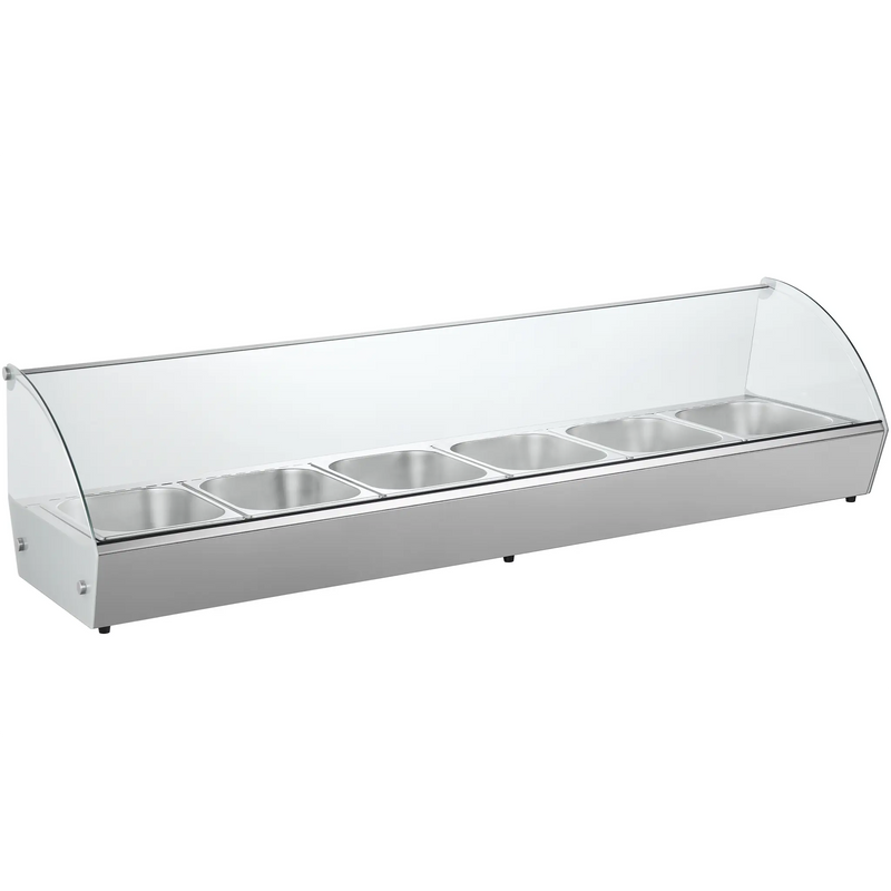 Alpha AHS-66 66-inch countertop hot serving station with curved glass sneeze guard and stainless steel pans, front