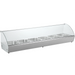 Alpha AHS-66 66-inch countertop hot serving station with curved glass sneeze guard and stainless steel pans, front