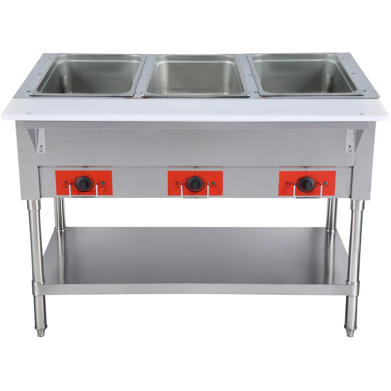 Alpha AHT-3 electric three well stainless steel hot table with red control knobs and bottom undershelf