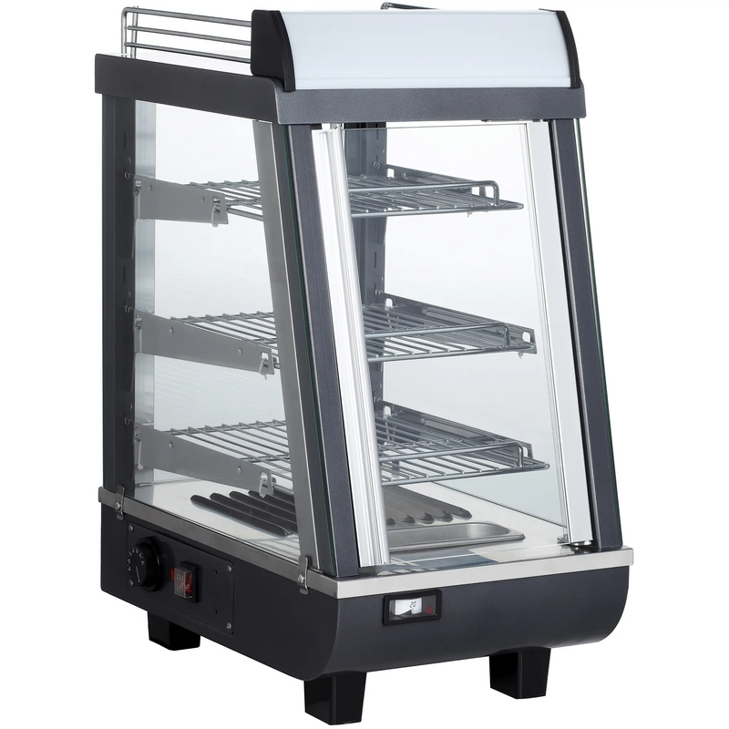 Alpha APDW-14 14-inch deluxe glass display food warmer with black frame and three wire shelves, angled front view