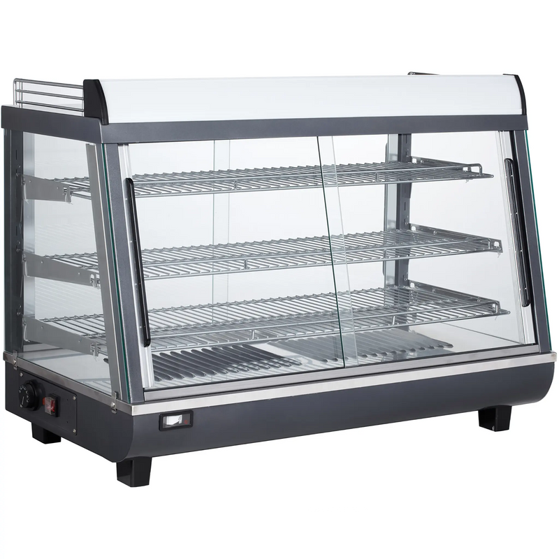 Alpha APDW-36 deluxe glass display 36-inch food warmer with black base and three wire shelves, angled view