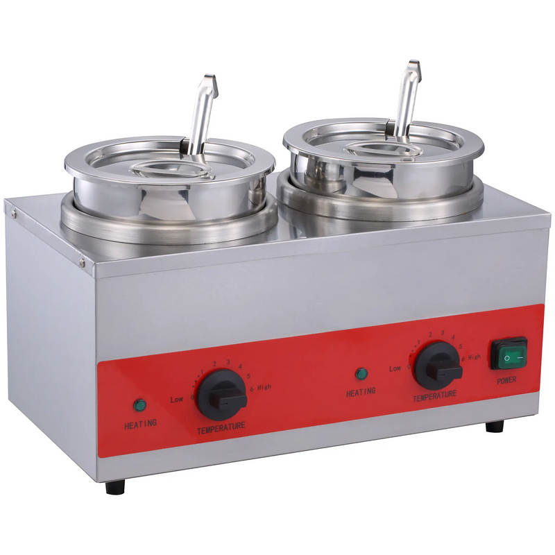 Alpha ASW2-3.5 double 3.5 quart hot topping warmer with two stainless steel wells, lids and ladles, red front panel