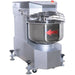 Alpha AVS-20 20 qt commercial spiral mixer, side angle showing the stainless steel bowl, casters and leveling feet