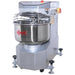 Alpha AVS-20 20 qt ten speed commercial spiral mixer in stainless steel with wire bowl guard and casters, angled view