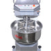 Alpha AVS-30 30 qt commercial spiral mixer, front view with bowl guard raised showing the spiral hook in the bowl