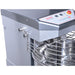 Alpha AVS-30 30 qt spiral mixer, close-up of the side of the mixer head and wire guard over the stainless bowl