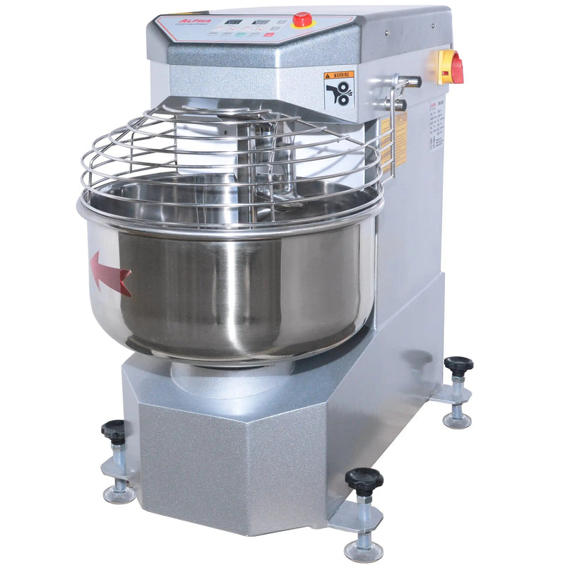 Alpha AVS-30 30 qt ten speed commercial spiral mixer in stainless steel with wire bowl guard and feet, angled view