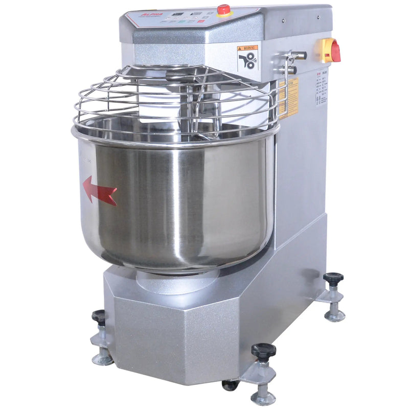 Alpha AVS-40 40 qt ten speed commercial spiral mixer in stainless steel with wire bowl guard, angled front view