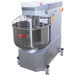 Alpha AVS-60 60 qt ten speed commercial spiral mixer in stainless steel with wire bowl guard and feet, angled view