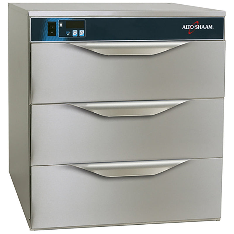 Alto-Shaam 500-3D triple warming drawer in stainless steel with three drawers and digital control panel, angled view
